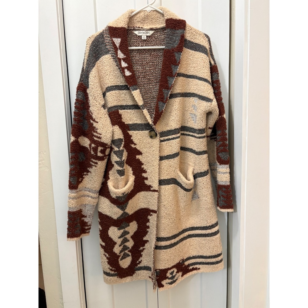 Davi & Dani Southwestern Popcorn Knit Longline Cardigan Sweater Brown Cream S